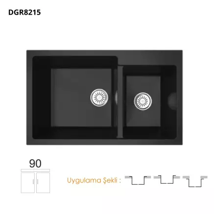 Gradde Granit Quartz Eviye 2 Göz 50*82 cm Siyah