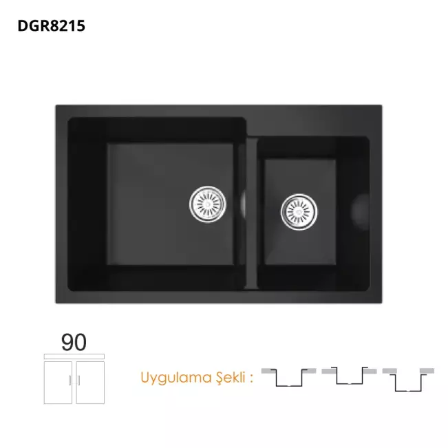 Gradde Granit Quartz Eviye 2 Göz 50*82 cm Siyah - 1