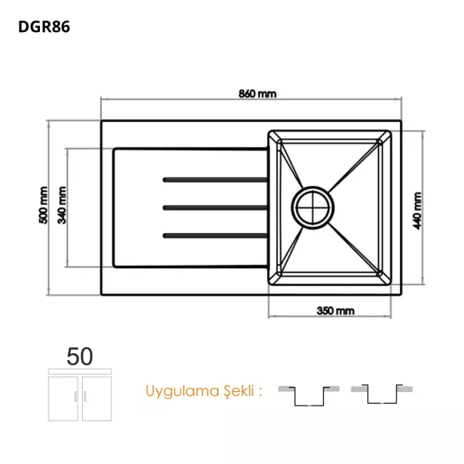 Gradde Granit Quartz Eviye 1 Göz 50*86 cm Siyah - 2