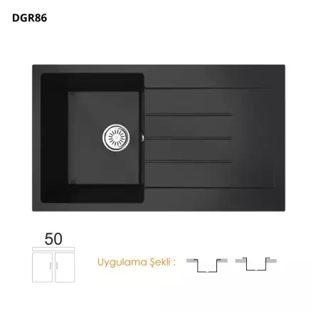 Gradde Granit Quartz Eviye 1 Göz 50*86 cm Siyah