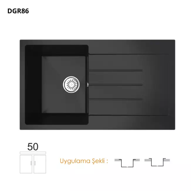 Gradde Granit Quartz Eviye 1 Göz 50*86 cm Siyah - 1