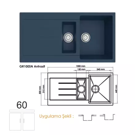 Gradde Quartz 1,5 Göz Granit Eviye 50X100 Cm, Antrasit GR100SN