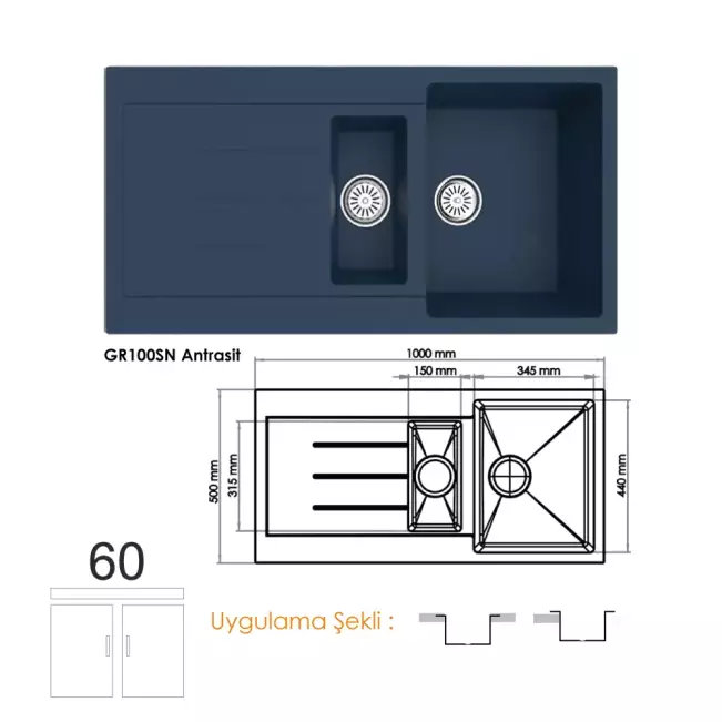 Gradde Quartz 1,5 Göz Granit Eviye 50X100 Cm, Antrasit GR100SN - 1