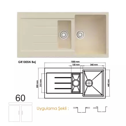 Gradde Quartz 1,5 Göz Granit Eviye 50X100 Cm, Bej GR100SN