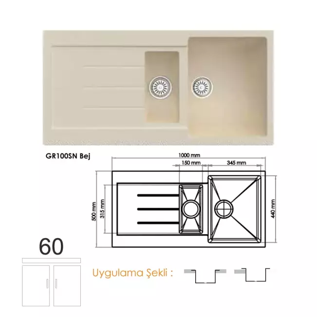 Gradde Quartz 1,5 Göz Granit Eviye 50X100 Cm, Bej GR100SN - 1