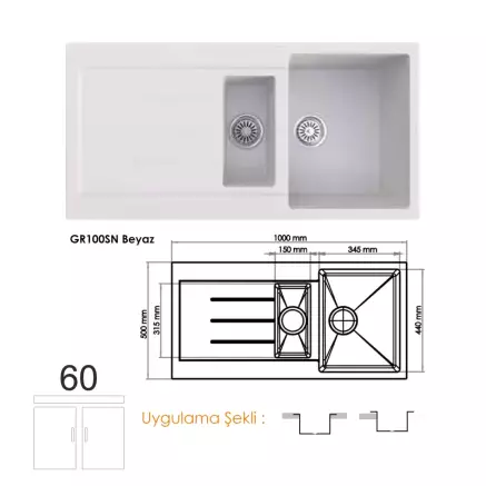 Gradde Quartz 1,5 Göz Granit Eviye 50X100 Cm, Beyaz GR100SN