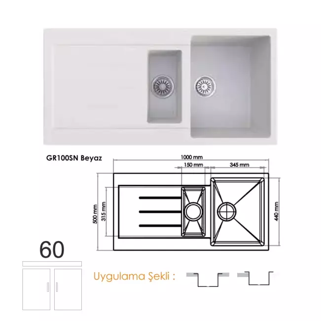 Gradde Quartz 1,5 Göz Granit Eviye 50X100 Cm, Beyaz GR100SN - 1
