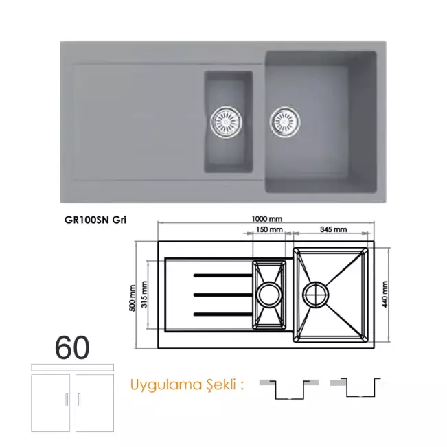 Gradde Quartz 1,5 Göz Granit Eviye 50X100 Cm, Gri GR100SN - 1