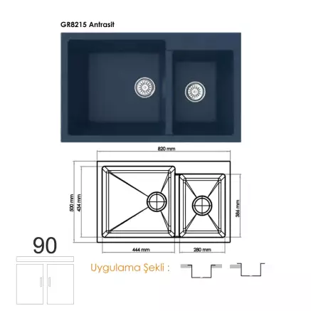 Gradde Quartz Çift Göz Granit Eviye 50x82 Cm Antrasit GR8215