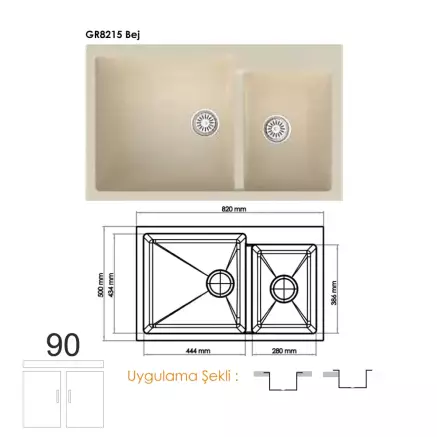 Gradde Quartz Çift Göz Granit Eviye 50x82 Cm Bej GR8215