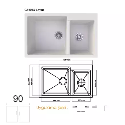 Gradde Quartz Çift Göz Granit Eviye 50x82 Cm Beyaz GR8215
