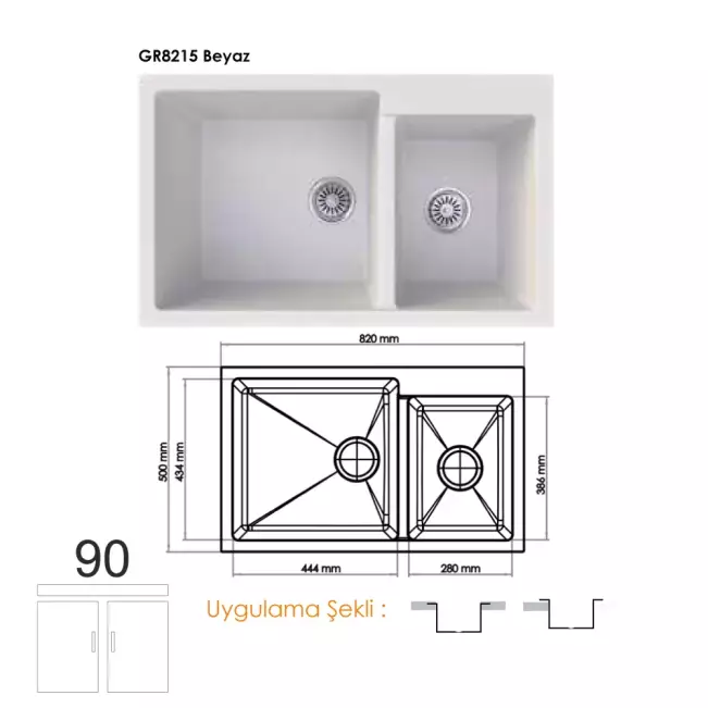 Gradde Quartz Çift Göz Granit Eviye 50x82 Cm Beyaz GR8215 - 1