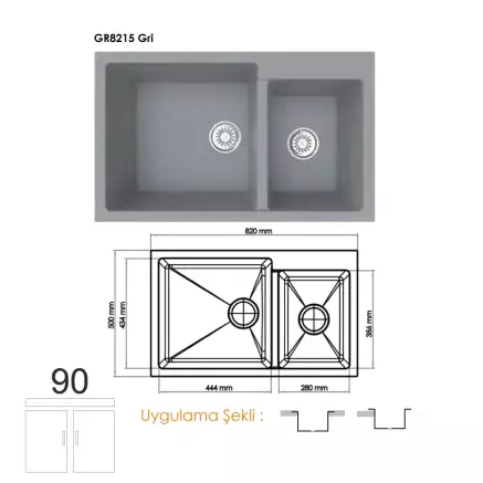 Gradde Quartz Çift Göz Granit Eviye 50x82 Cm Gri GR8215
