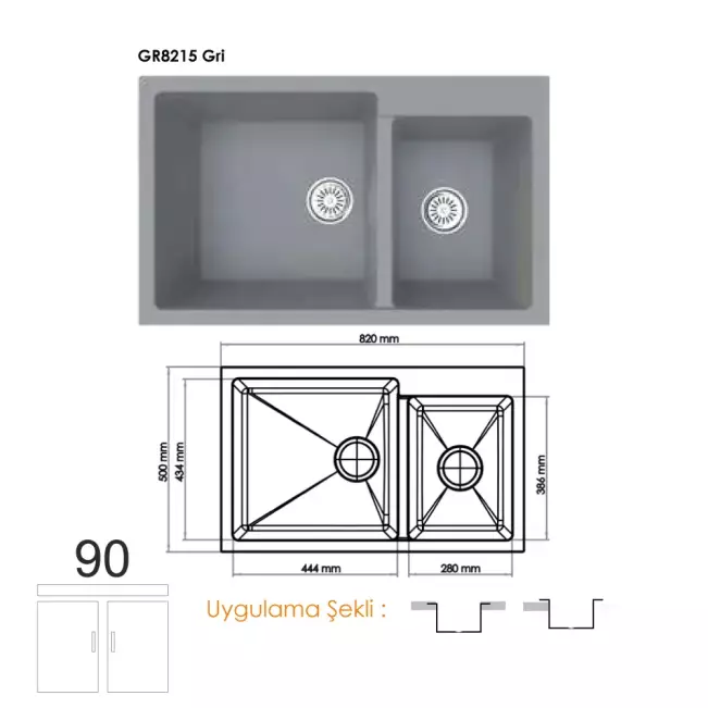 Gradde Quartz Çift Göz Granit Eviye 50x82 Cm Gri GR8215 - 1