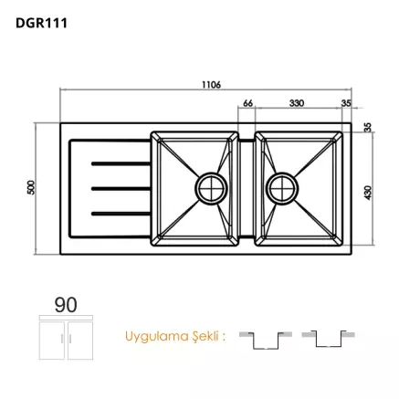 Gradde Quartz Siyah 2 Göz Granit Eviye  50*110 cm Siyah - 2