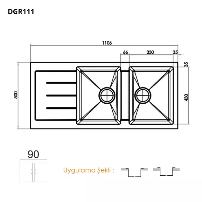 Gradde Quartz Siyah 2 Göz Granit Eviye  50*110 cm Siyah - 2