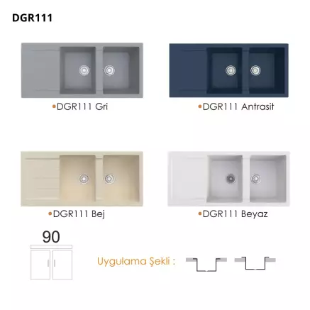 Gradde Quartz Siyah 2 Göz Granit Eviye  50*110 cm Siyah - 3