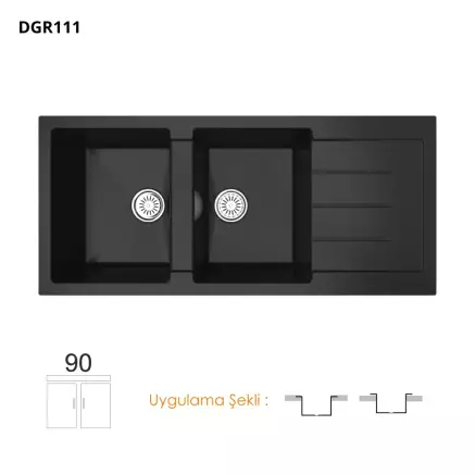 Gradde Quartz Siyah 2 Göz Granit Eviye  50*110 cm Siyah