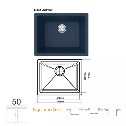 Gradde Quartz Tek Göz Granit Eviye,  44x44 Cm Antrasit GR44