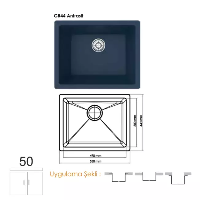 Gradde Quartz Tek Göz Granit Eviye,  44x44 Cm Antrasit GR44 - 1
