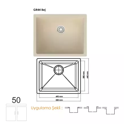 Gradde Quartz Tek Göz Granit Eviye,  44x44 Cm Bej GR44