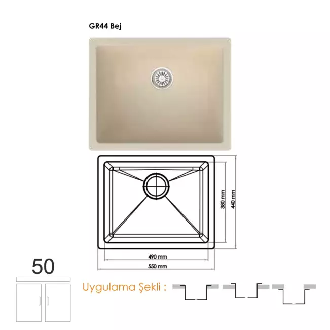Gradde Quartz Tek Göz Granit Eviye,  44x44 Cm Bej GR44 - 1