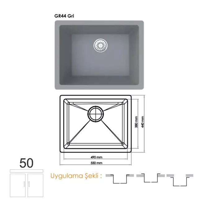 Gradde Quartz Tek Göz Granit Eviye,  44x44 Cm Gri GR44 - 1