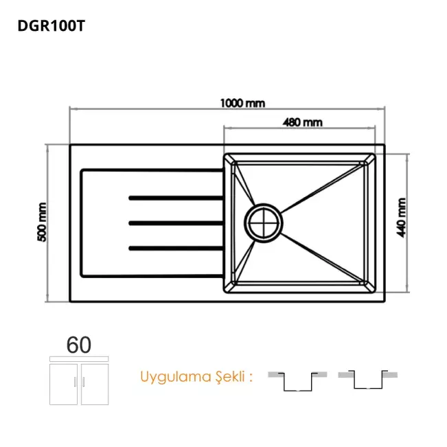 Gradde Quartz 1 Göz Granit Eviye 50*100 Cm Siyah - 2
