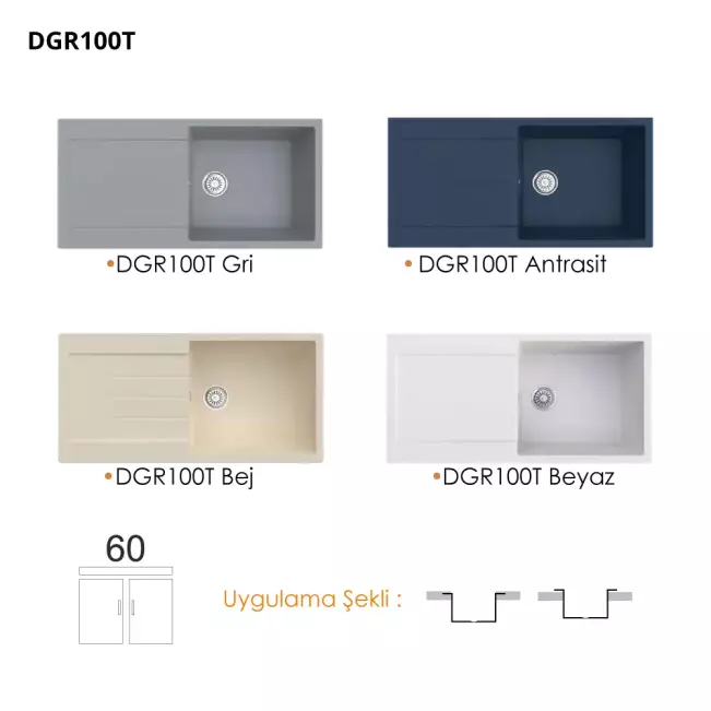 Gradde Quartz 1 Göz Granit Eviye 50*100 Cm Siyah - 3