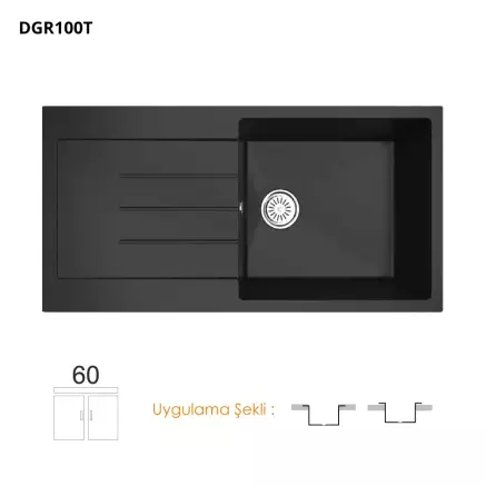 Gradde Quartz 1 Göz Granit Eviye 50*100 Cm Siyah