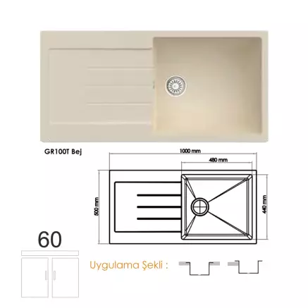 Gradde Quartz  Tek Göz Granit Eviye,  50X100 Cm Bej GR100T