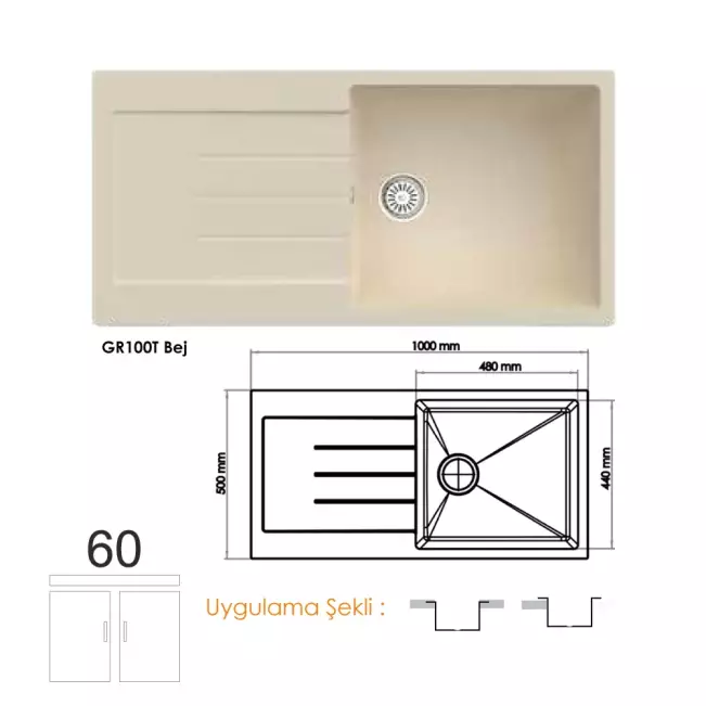 Gradde Quartz  Tek Göz Granit Eviye,  50X100 Cm Bej GR100T - 1