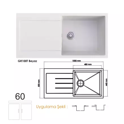 Gradde Quartz  Tek Göz Granit Eviye,  50X100 Cm Beyaz GR100T