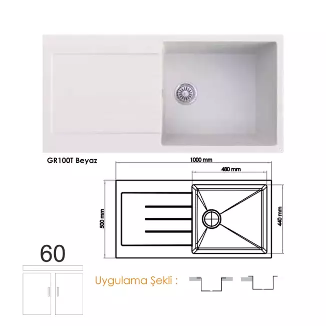 Gradde Quartz  Tek Göz Granit Eviye,  50X100 Cm Beyaz GR100T - 1