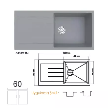 Gradde Quartz  Tek Göz Granit Eviye,  50X100 Cm Gri GR100T