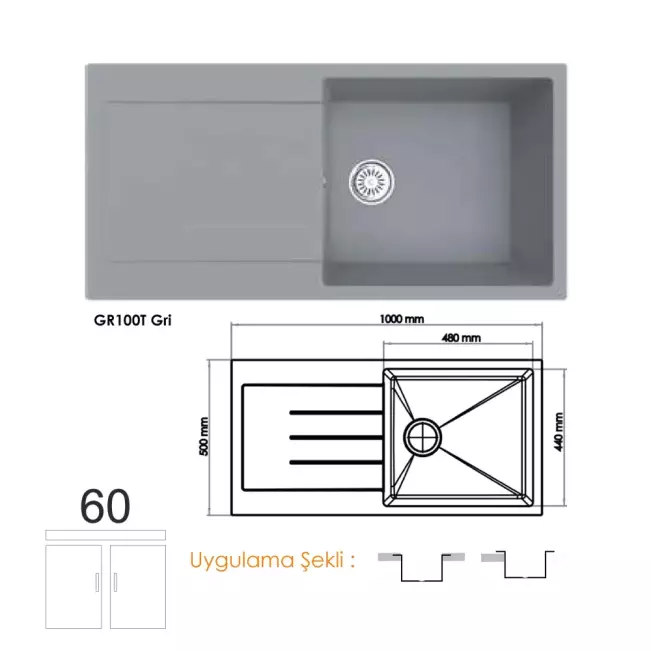 Gradde Quartz  Tek Göz Granit Eviye,  50X100 Cm Gri GR100T - 1