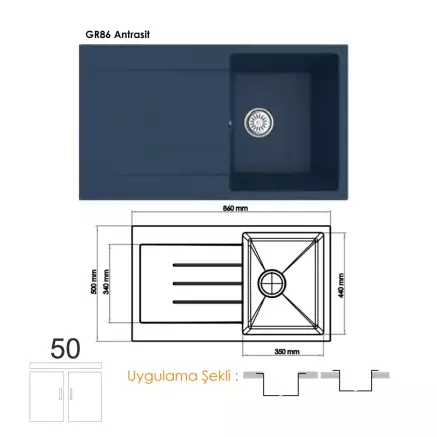 Gradde Quartz Tek Göz Granit Eviye 50x86 Cm, Antrasit GR86