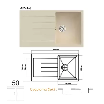 Gradde Quartz Tek Göz Granit Eviye 50x86 Cm, Bej GR86