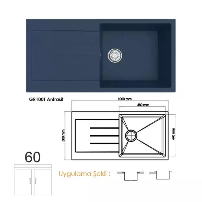 Gradde Quartz  Tek Göz Granit Eviye,  50X100 Cm Antrasit GR100T - 1