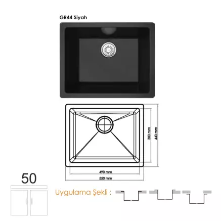 Gradde Quartz Tek Göz Granit Eviye,  44x44 Cm Siyah GR44